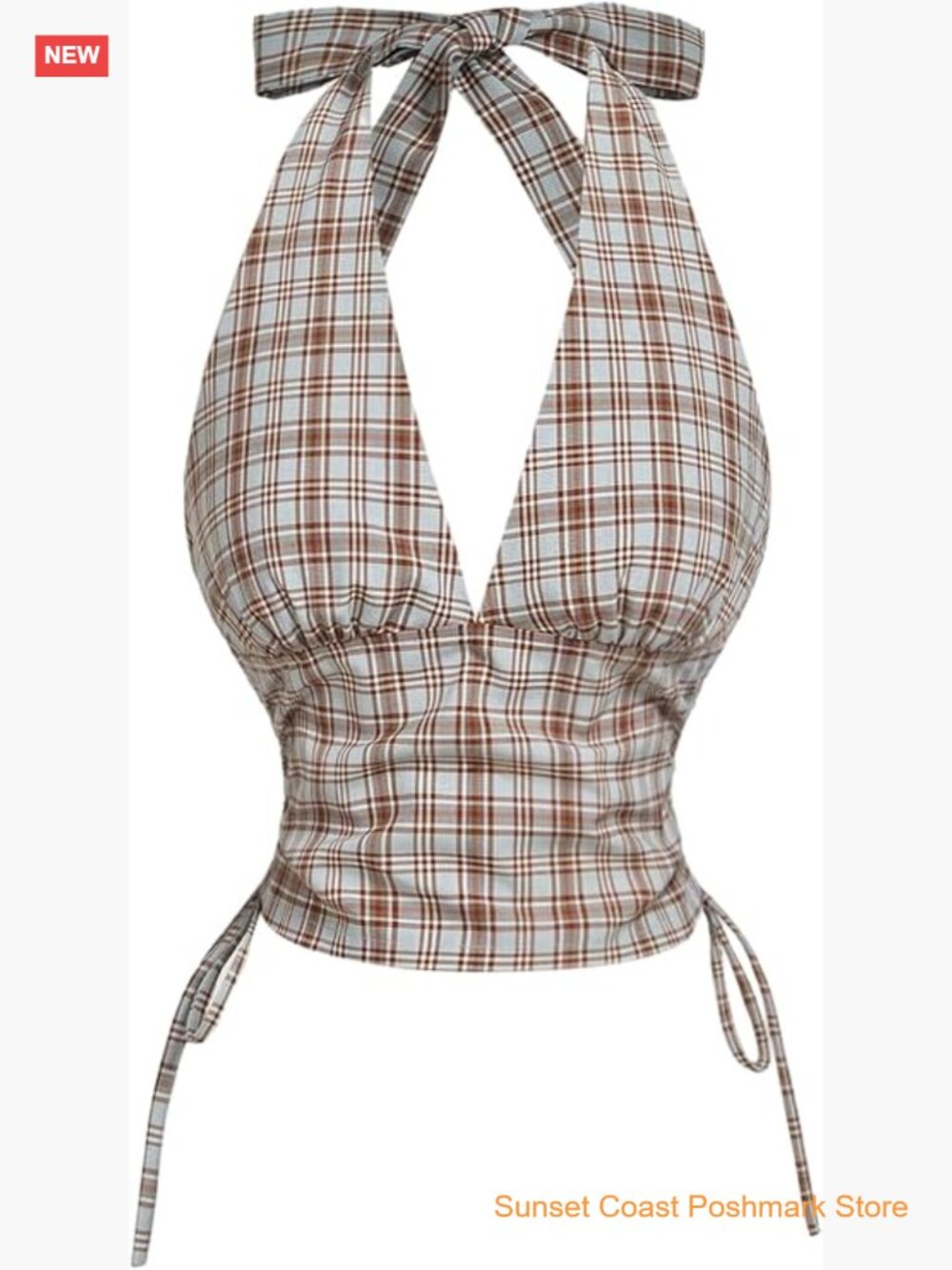 Plaid Halter Crop Top Tie Backless Ruched Smocked Summer Top